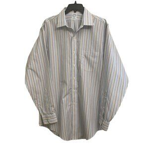 Brooks Brothers Dress Shirt 16.5 - 4/5 Slim Fit Blue Brown White Stripe